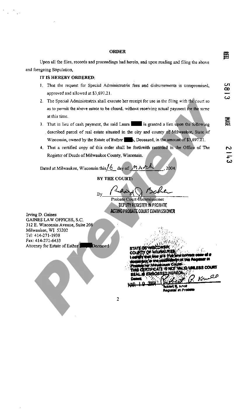 Preview Stipulation And Order Imposing Lien On Real Estate for Special Administrator