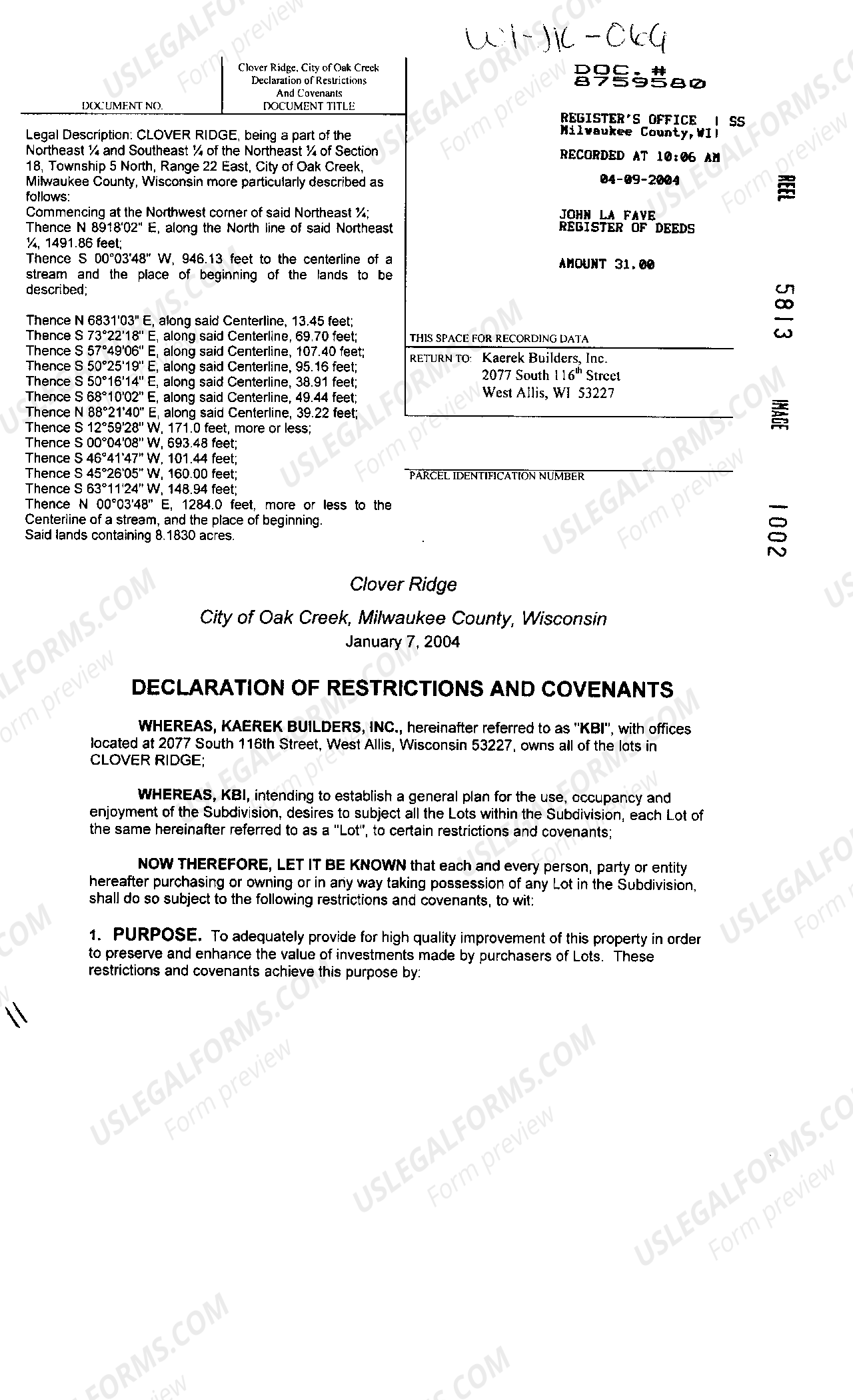 Wisconsin Declaration Of Restrictions And Covenants US Legal Forms