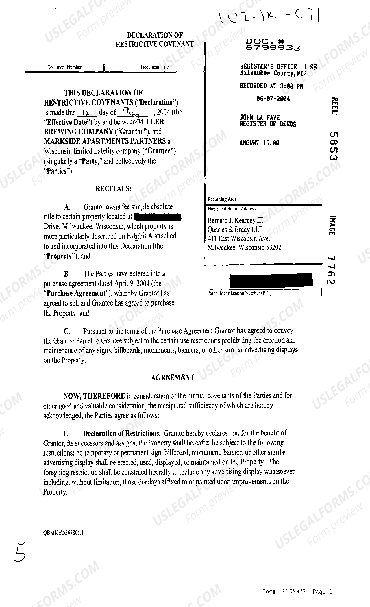 Wisconsin Declaration Of Restrictive Covenant Prohibiting Advertising