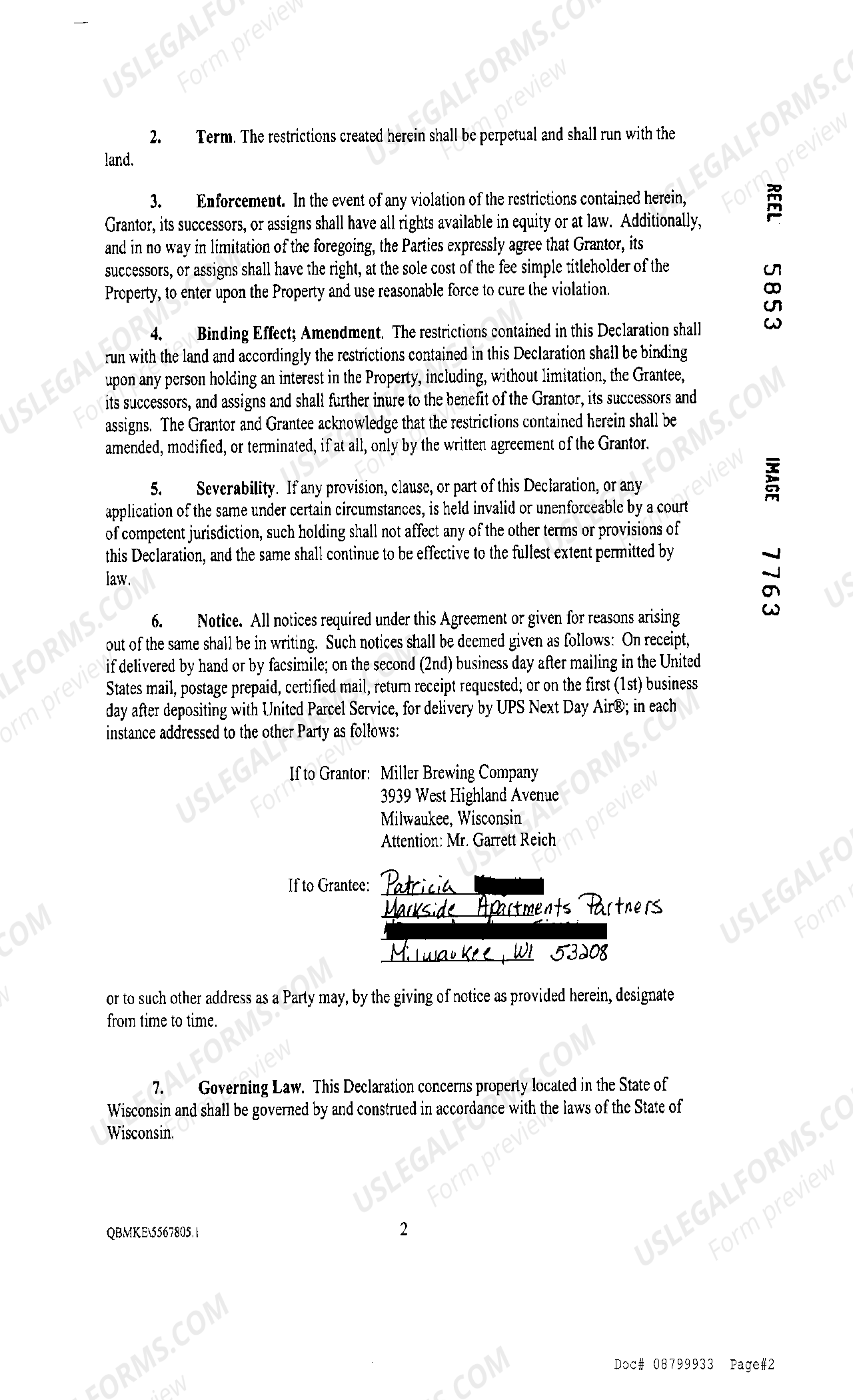 Wisconsin Declaration Of Restrictive Covenant Prohibiting Advertising