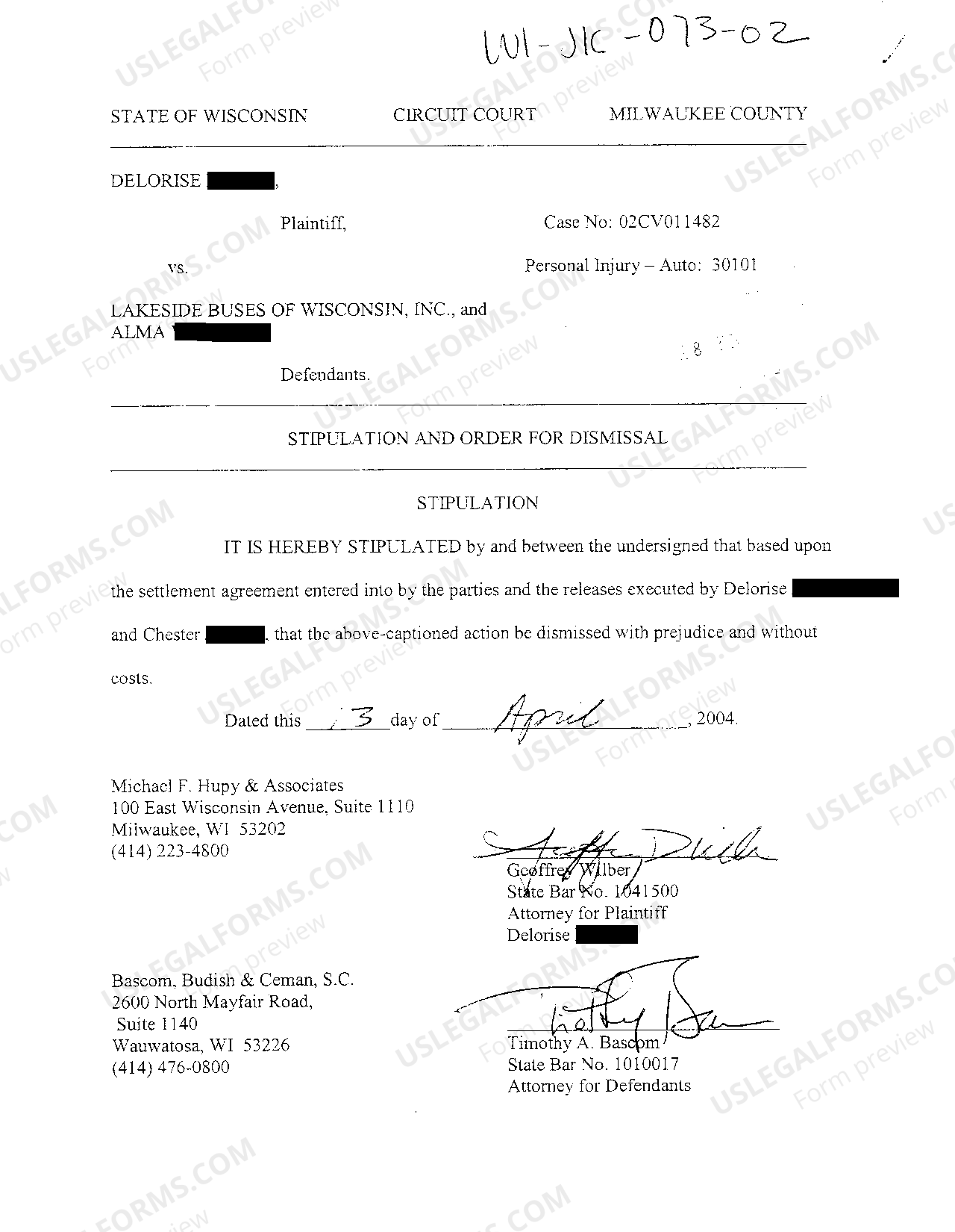 Green Bay Wisconsin Stipulation And Order For Dismissal US Legal Forms