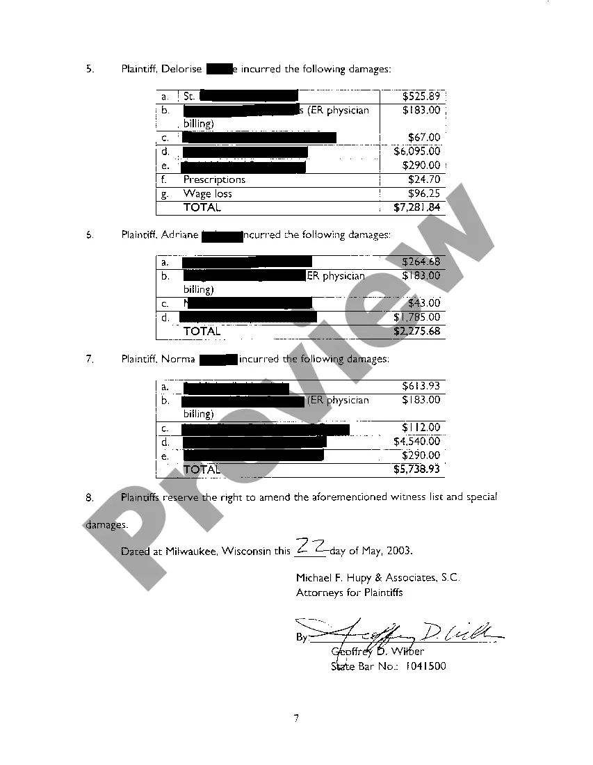 Preview A05 Plaintiffs' Witness List And Itemization Of Special Damages