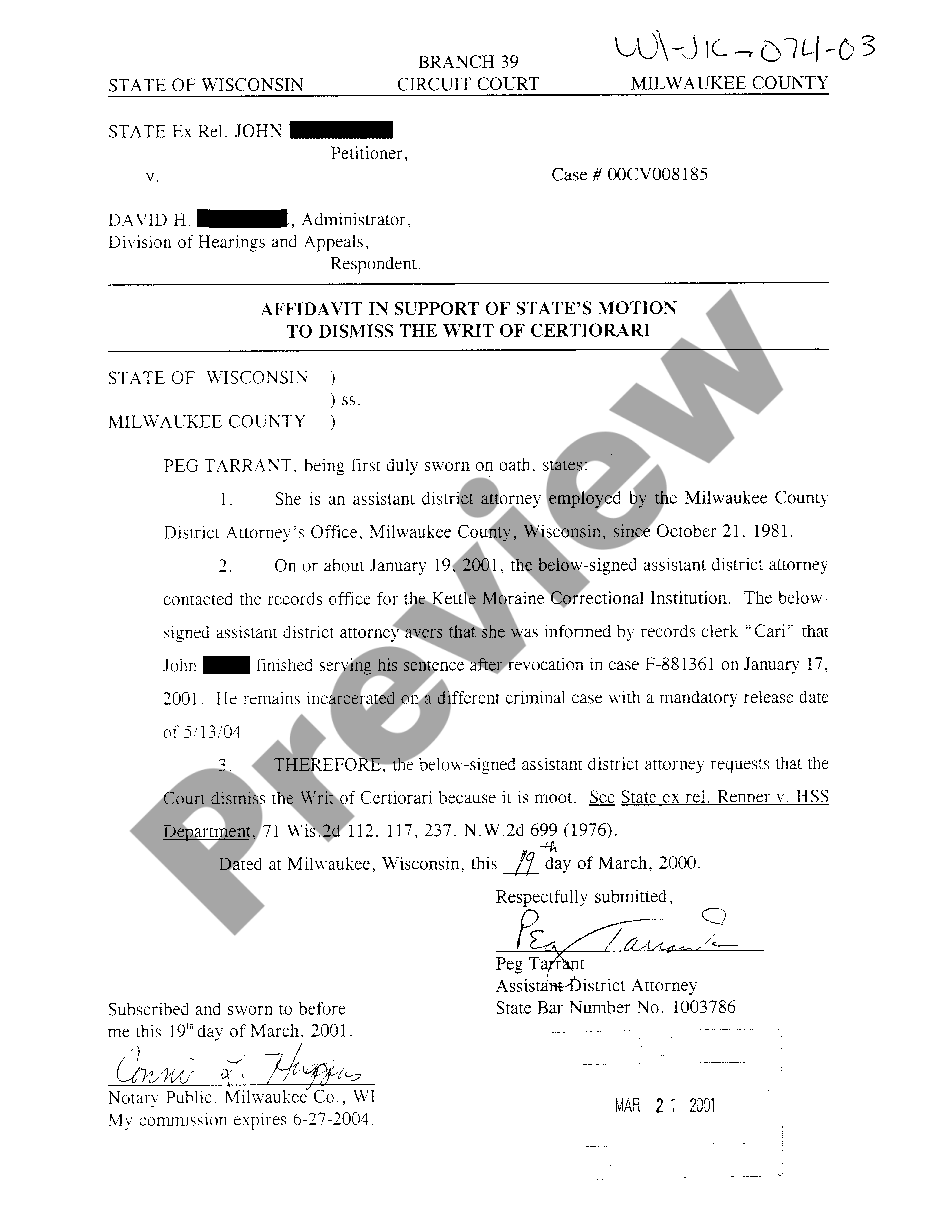 Wisconsin Affidavit In Support Of State S Motion To Dismiss The Writ Of Certiorari Us Legal Forms