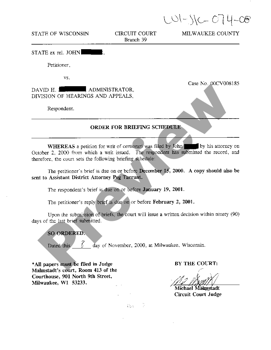 Wisconsin Order For Briefing Schedule US Legal Forms