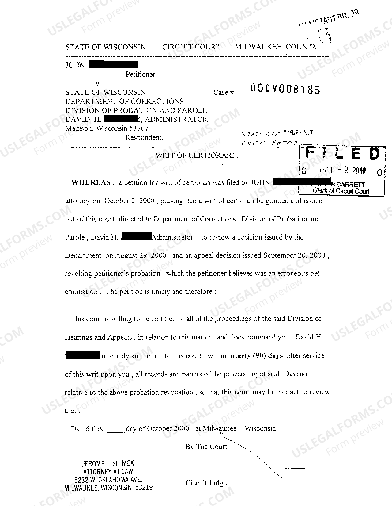 Wisconsin Writ Of Certiorari US Legal Forms