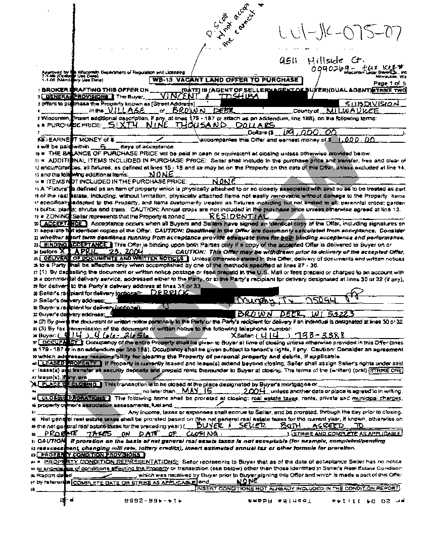 Vacant Land Offer To Purchase Form Wisconsin US Legal Forms