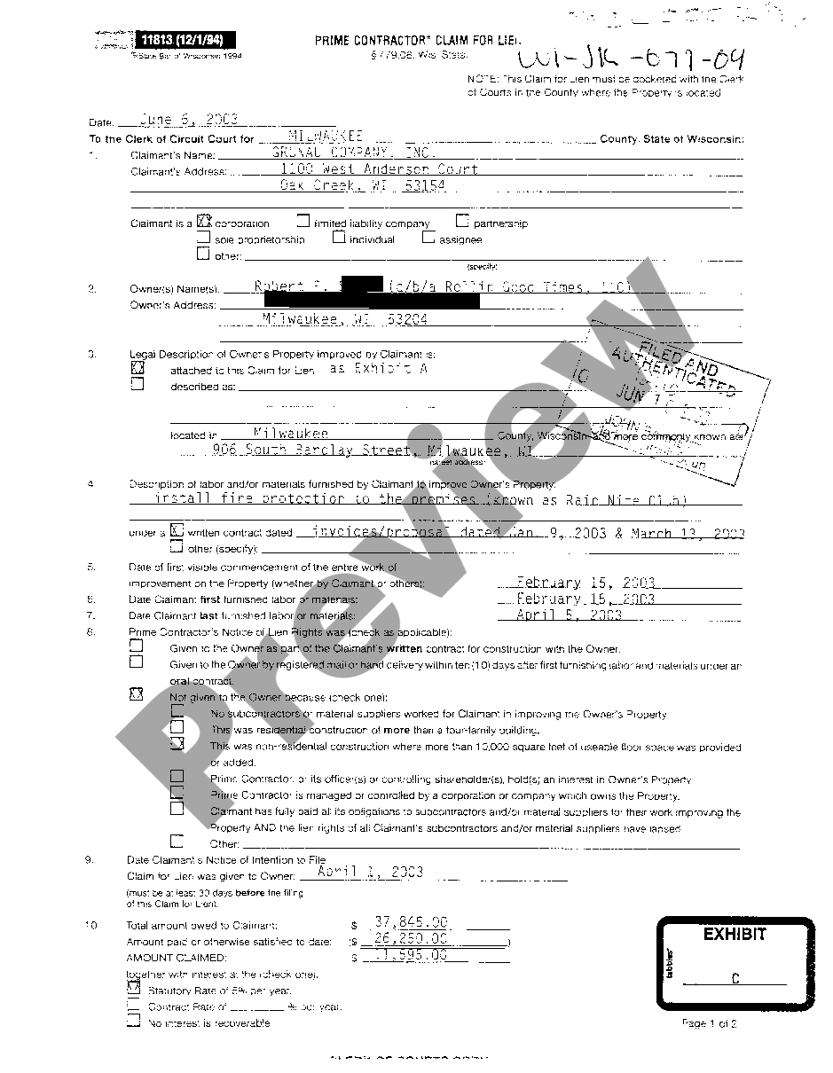 page 0 A01 Prime Contractor' Claim For Lien preview