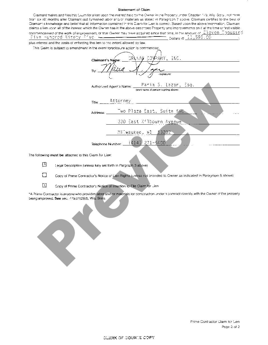 page 1 A01 Prime Contractor' Claim For Lien preview