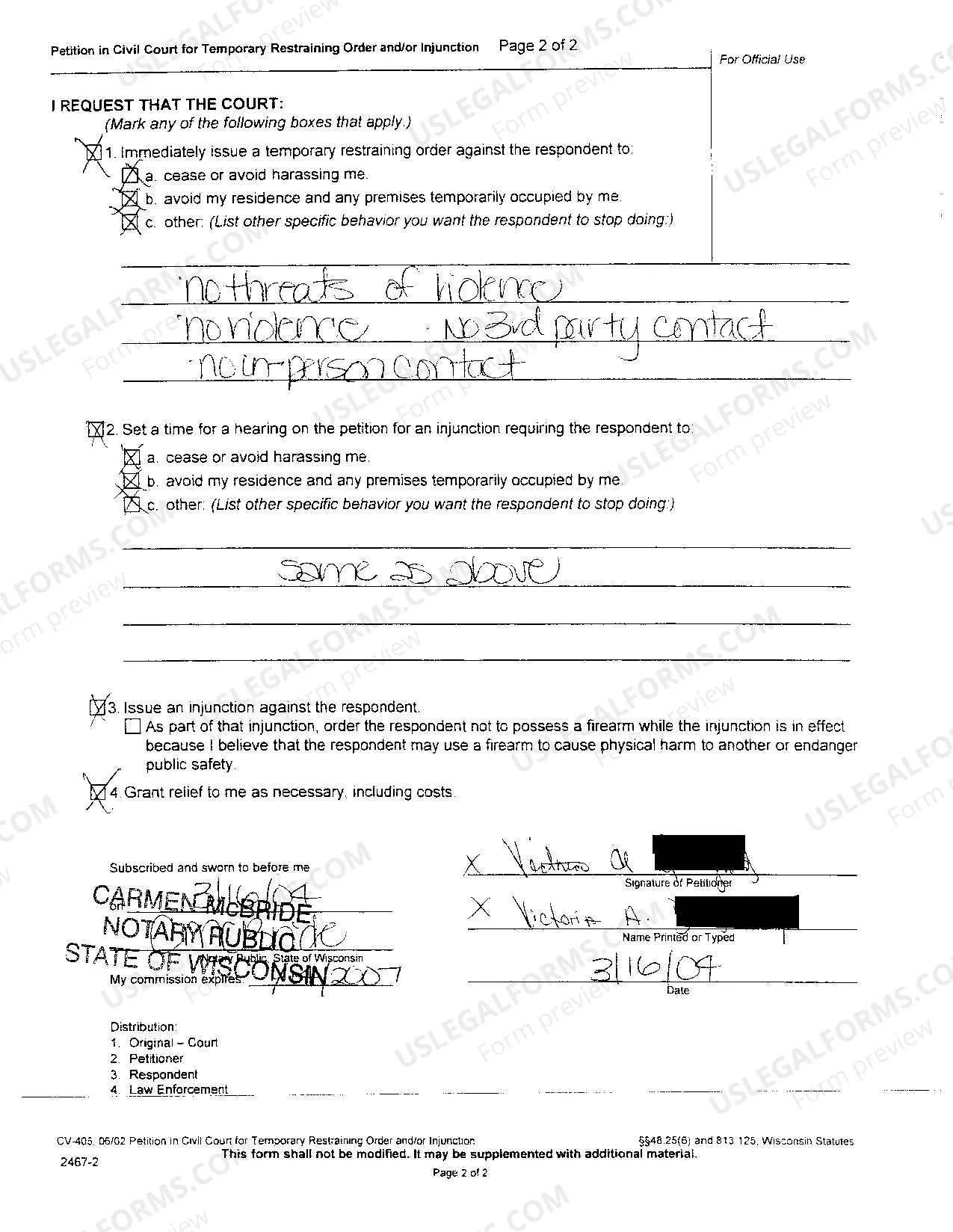 Preview A01 Petition In Civil Court For Temporary Restraining Order and / or Injunction