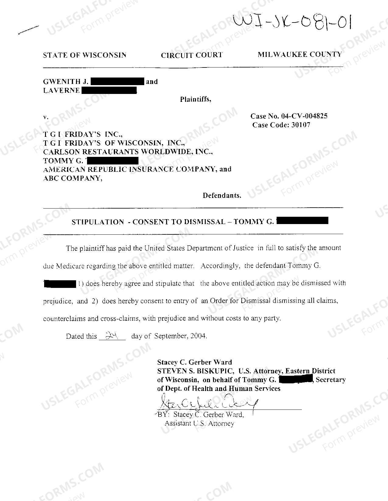 Wisconsin Stipulation - Consent To Dismissal | US Legal Forms