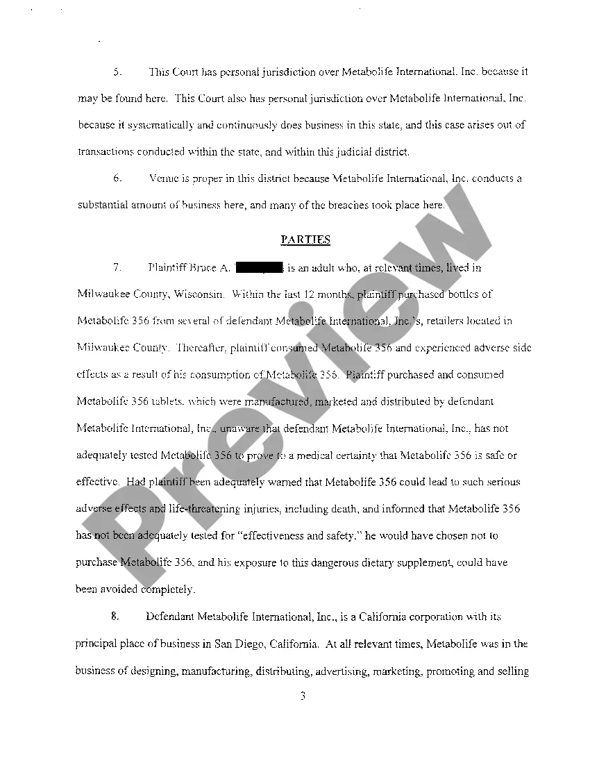 Preview A02 Class Action Complaint For Violations Of Consumer Protection Statutes regarding dietary supplement