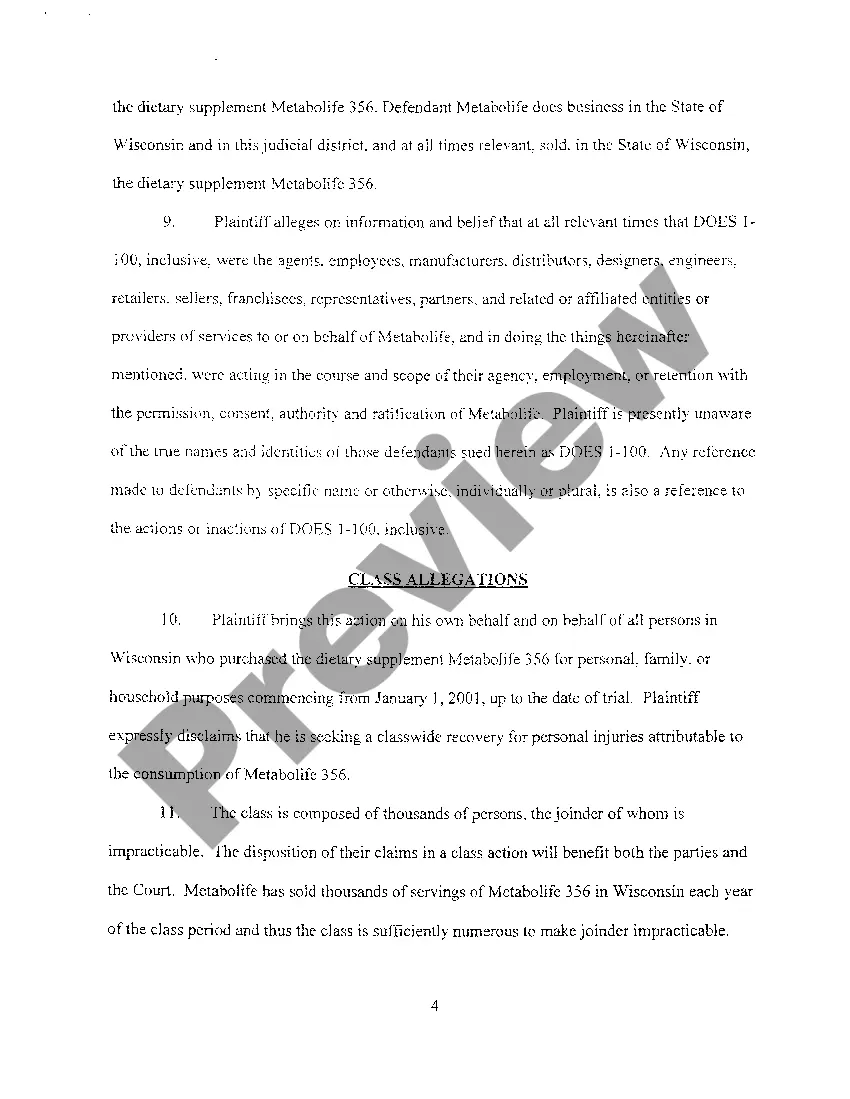Preview A02 Class Action Complaint For Violations Of Consumer Protection Statutes regarding dietary supplement