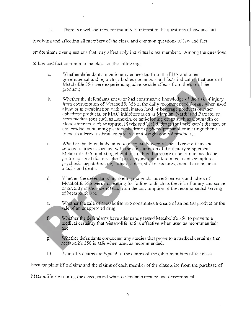 Preview A02 Class Action Complaint For Violations Of Consumer Protection Statutes regarding dietary supplement