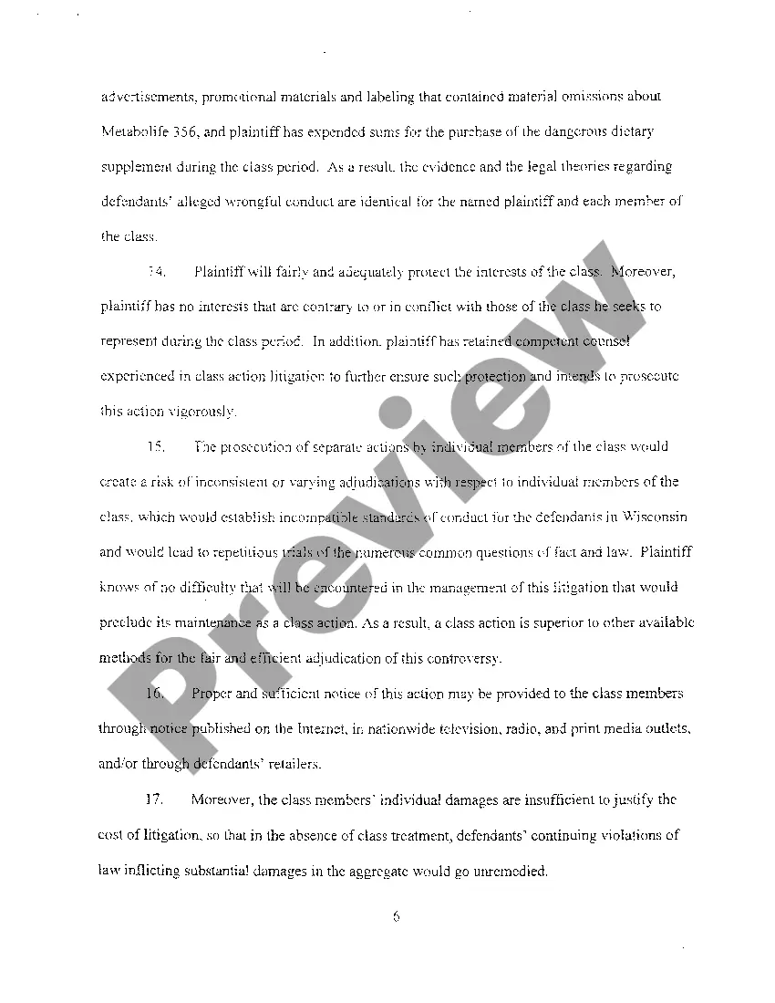 Preview A02 Class Action Complaint For Violations Of Consumer Protection Statutes regarding dietary supplement