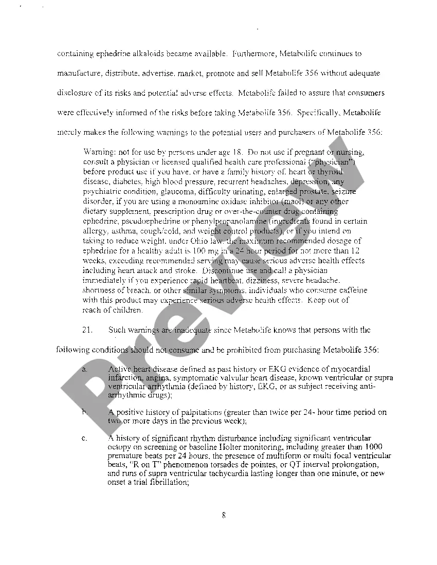 Preview A02 Class Action Complaint For Violations Of Consumer Protection Statutes regarding dietary supplement