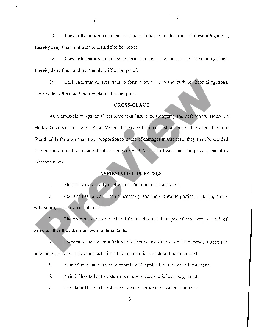 Get A09 Defendants' Answer, Cross Claim and Affirmative Defenses Preview A09 Defendants' Answer, Cross Claim and Affirmative Defenses