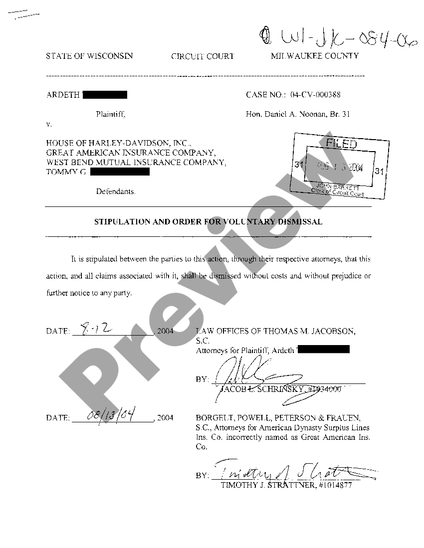 Wisconsin Stipulation And Order For Voluntary Dismissal US Legal Forms