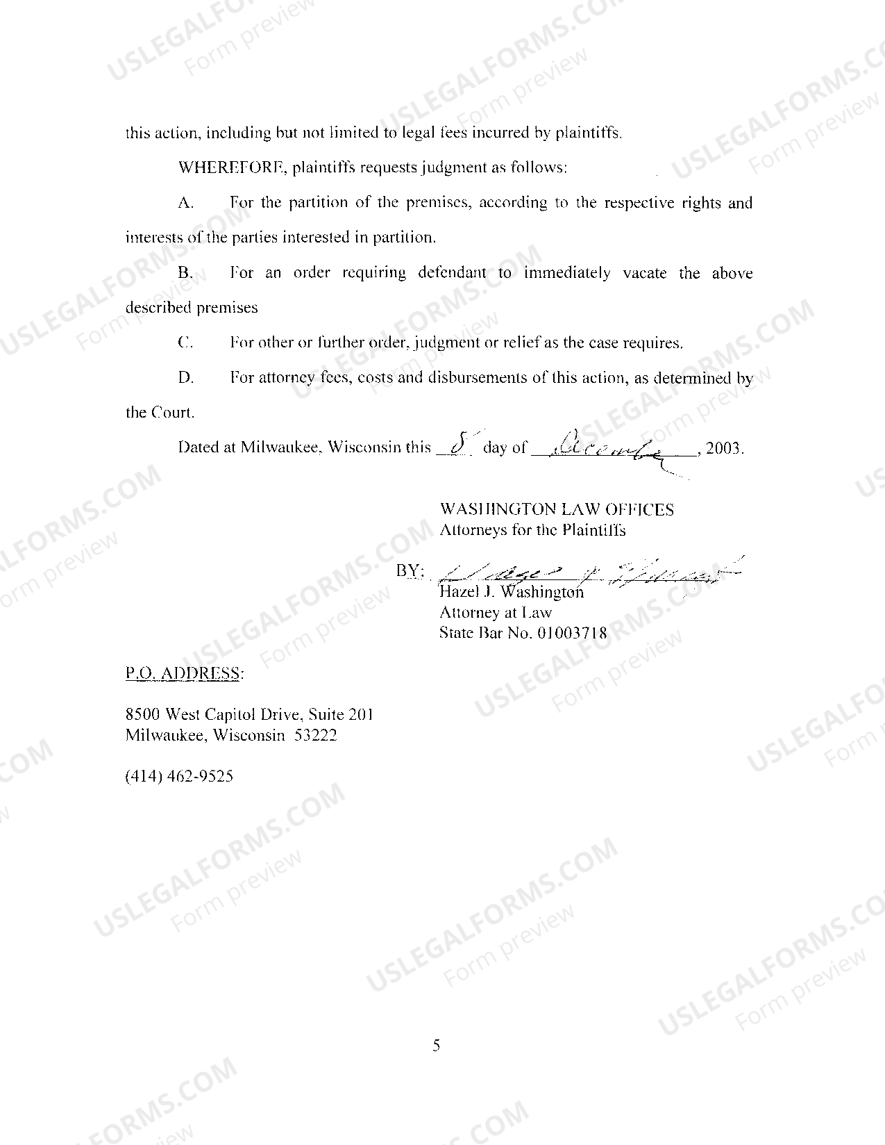 Wisconsin Complaint Requesting Partition of Real Property US Legal Forms