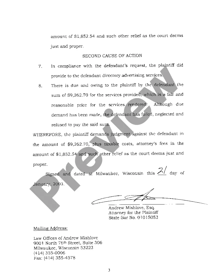 Preview A01 Complaint regarding Nonpayment for Professional Advertising Services