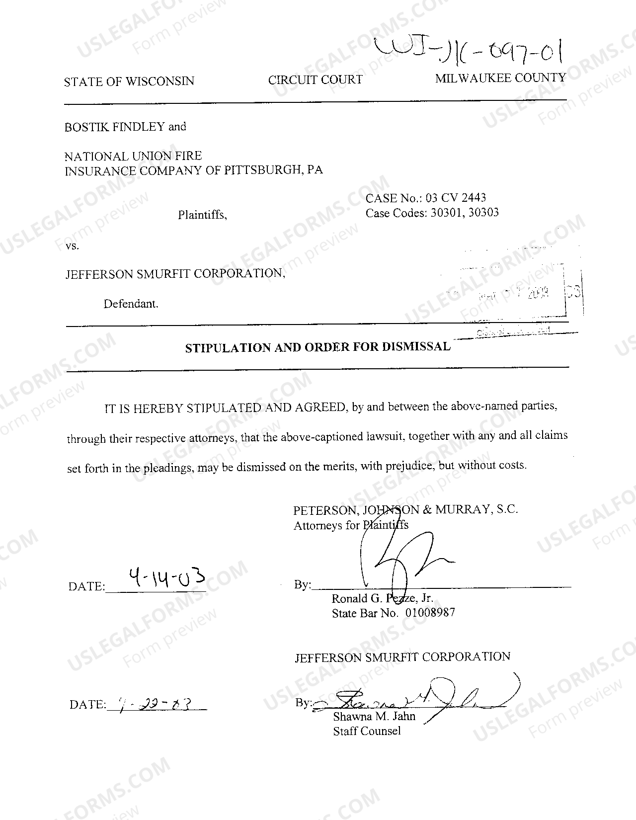 Wisconsin Stipulation And Order For Dismissal Subject To Terms | US Legal  Forms
