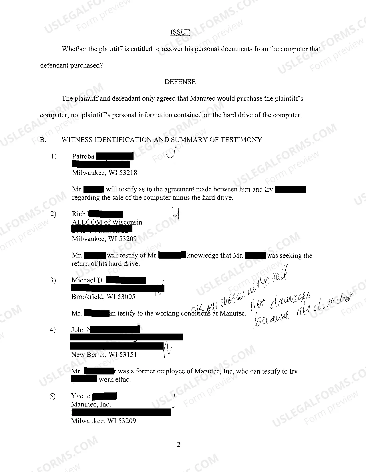 Preview Complaint for Damages after Former Employer Failed to Return Personal Computer