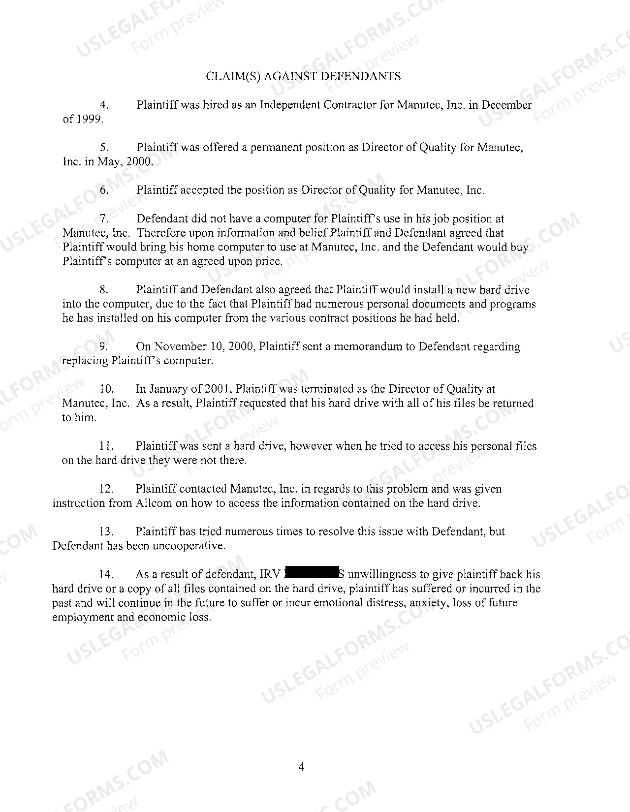 Preview Complaint for Damages after Former Employer Failed to Return Personal Computer