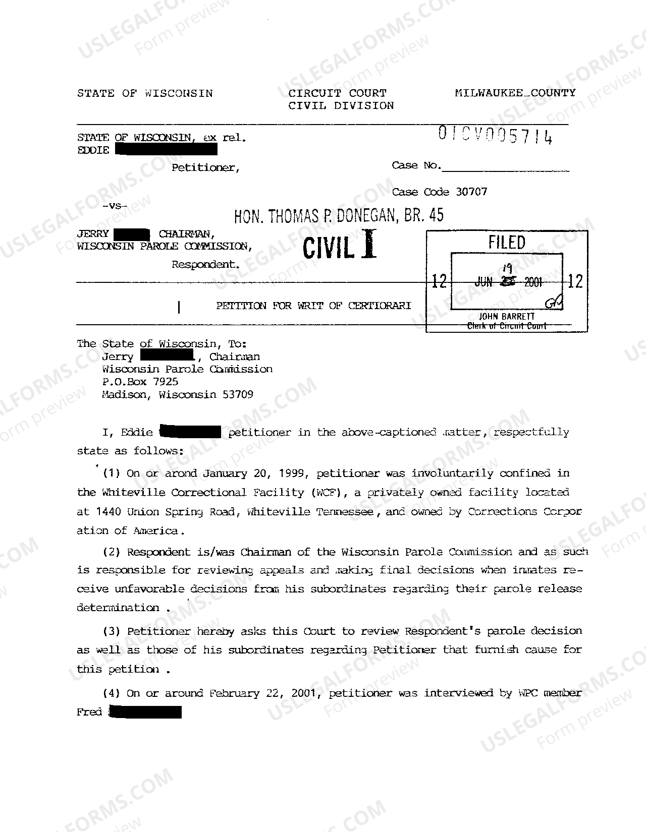 Wisconsin Petition for Writ of Certiorari Wisconsin Writ Of