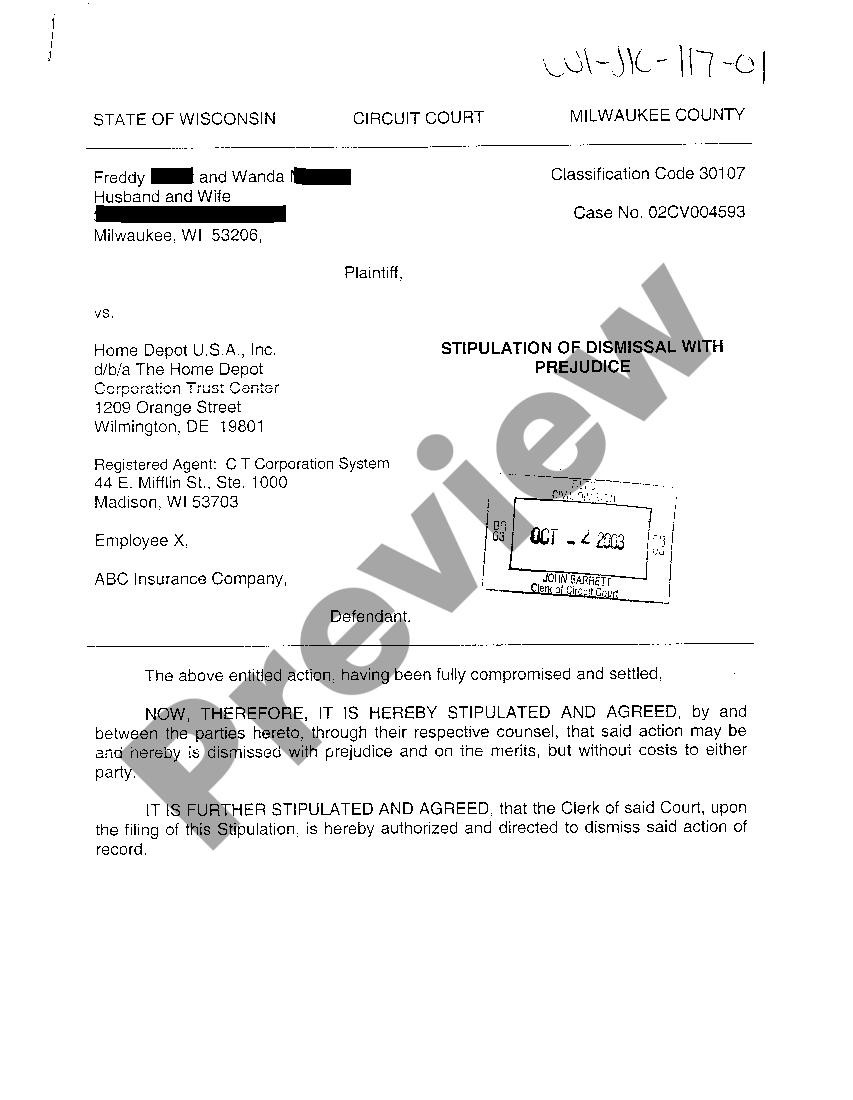 Wisconsin Stipulation Of Dismissal With Prejudice Stipulation Of