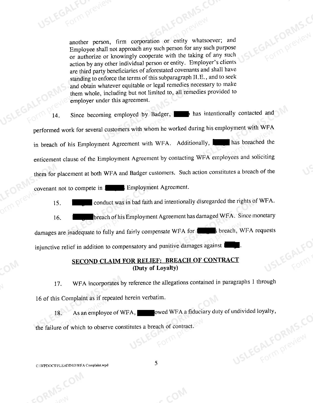 Preview A02 Complaint Against Employee and New Employer for Breach of Employment Agreement Noncompete and Confidentiality Clauses