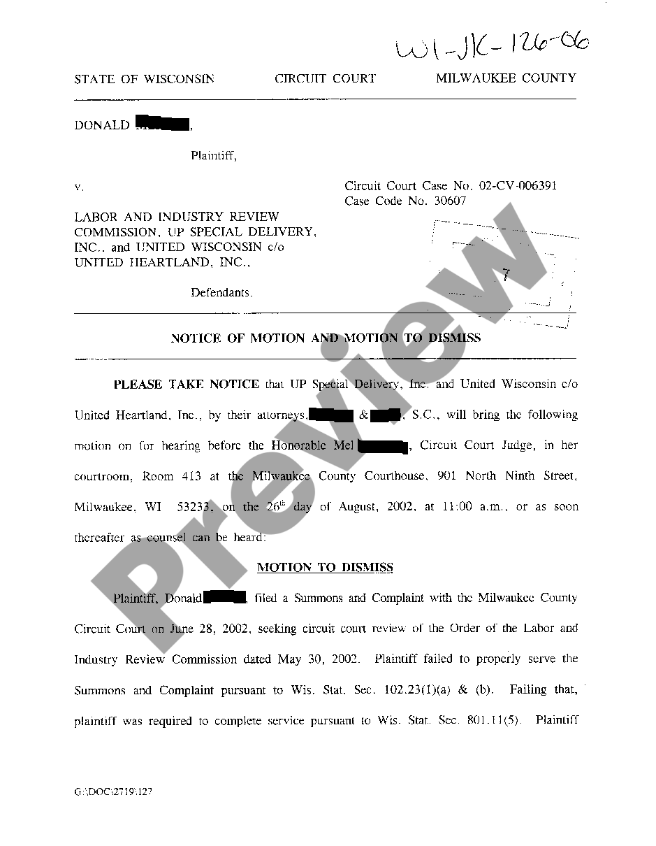 Wisconsin Notice Of Motion And Motion To Dismiss Us Legal Forms