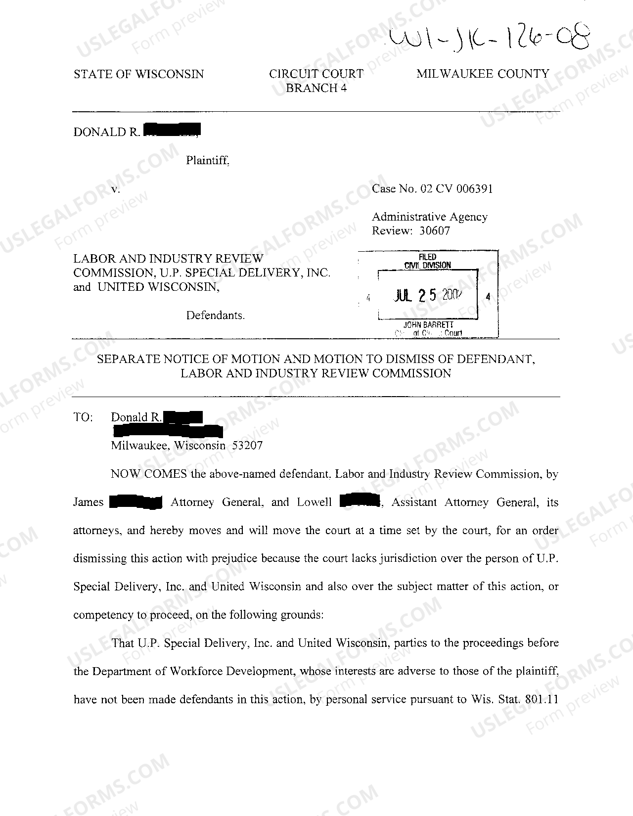 Green Bay Wisconsin Separate Notice Of Motion And Motion To Dismiss