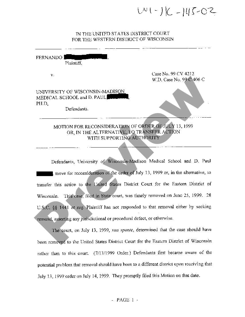 Green Bay Wisconsin Motion For Reconsideration Of Order, In The