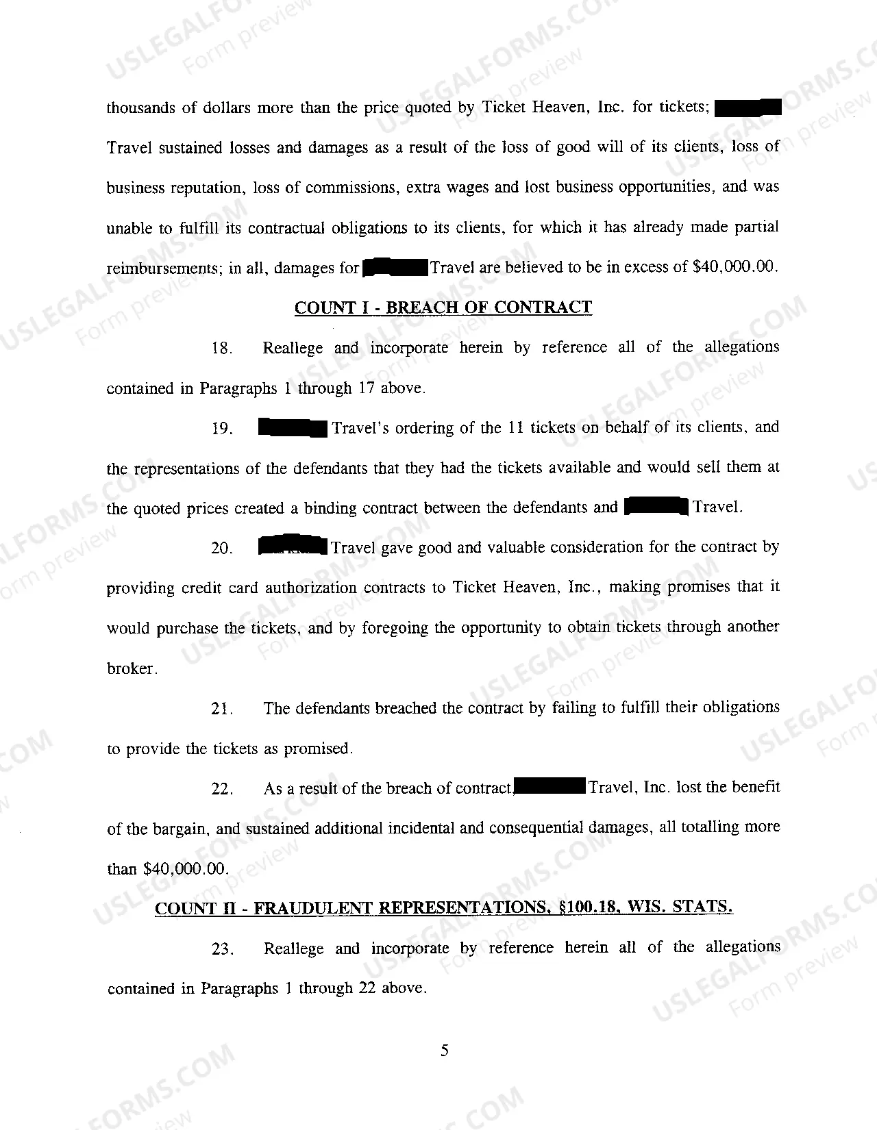 Preview Complaint regarding Fraud in Advertising for Vacation Package