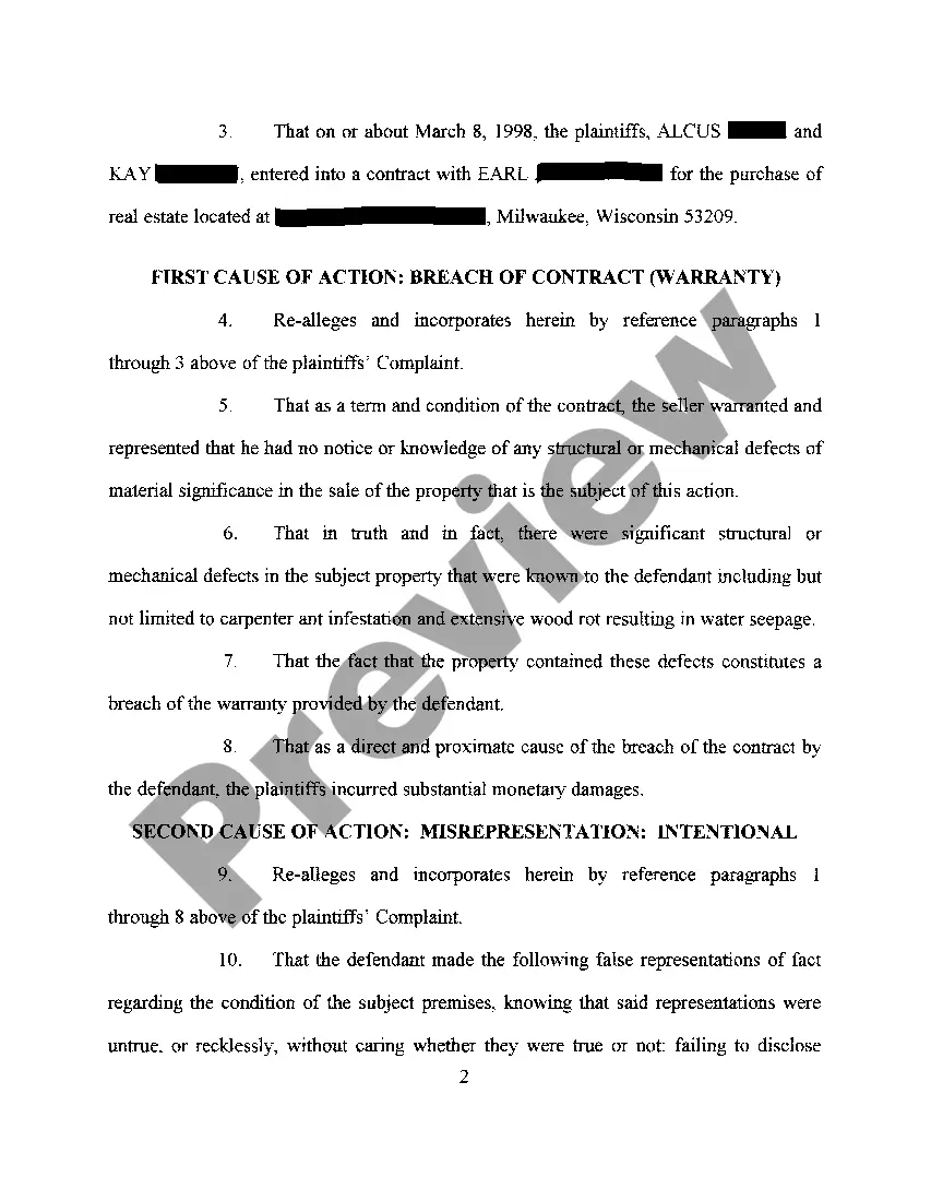 Preview A12 Complaint regarding Breach of Sales Contract of Real Property, substantial and material defects including pests