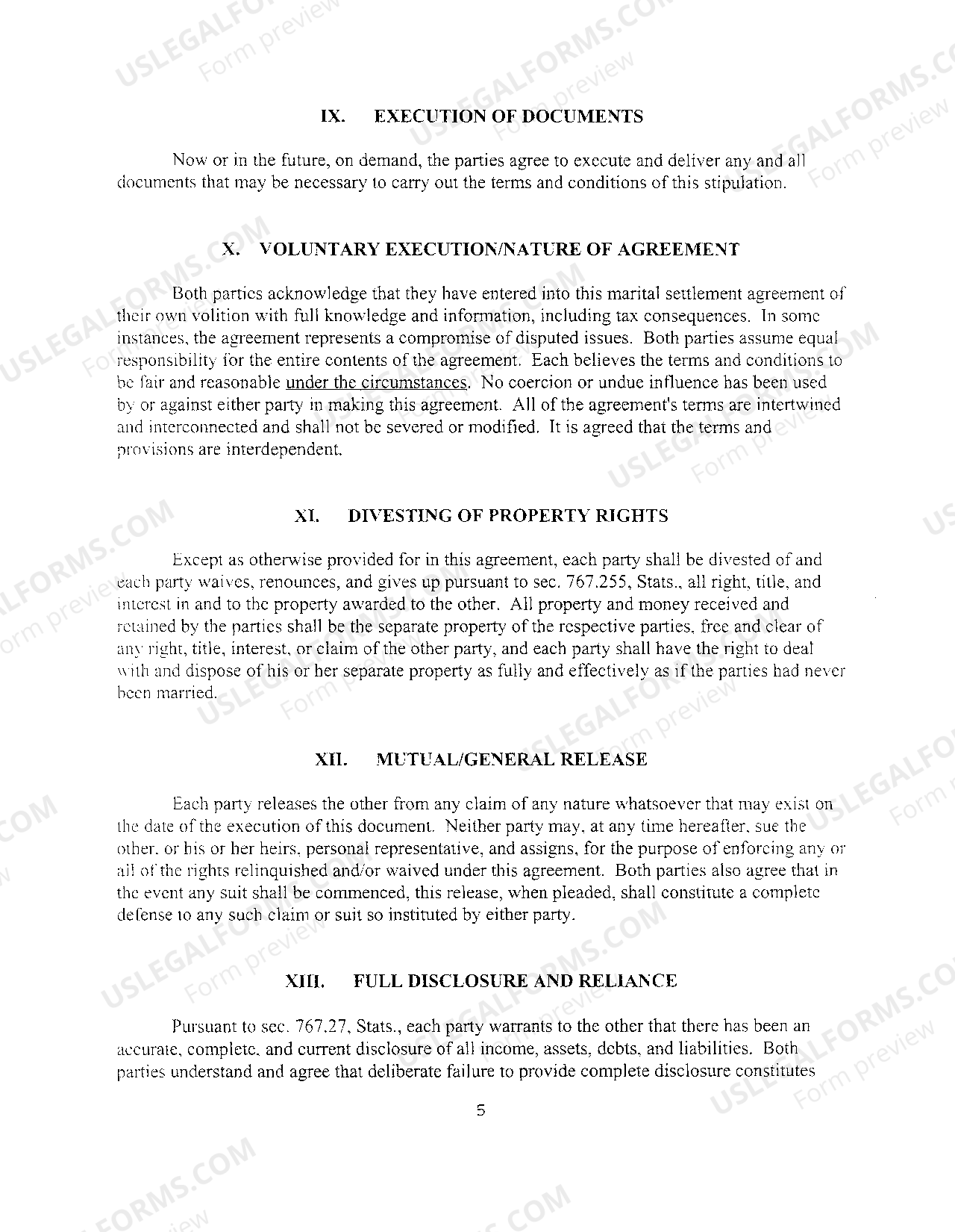 Wisconsin Marital Settlement Agreement Marital Separation Agreement Wisconsin US Legal Forms