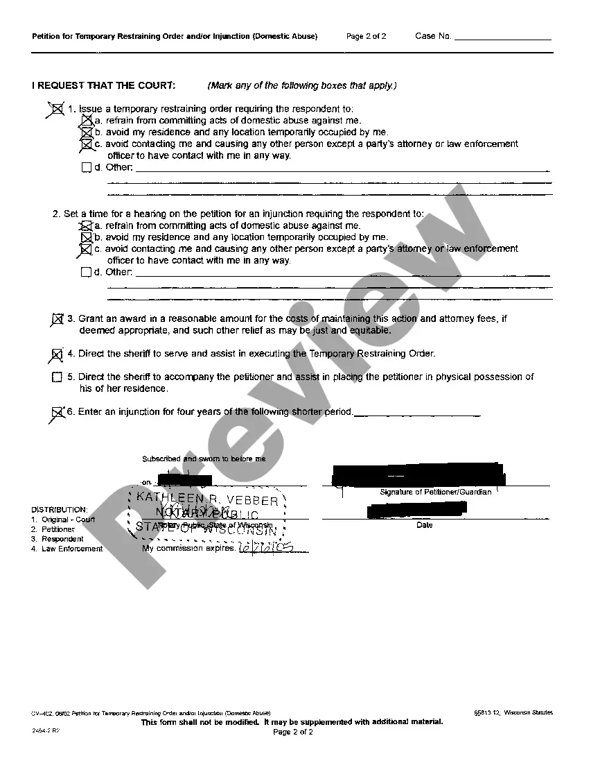 Preview A01 Petition For Temporary Restraining Order and / or Injunction