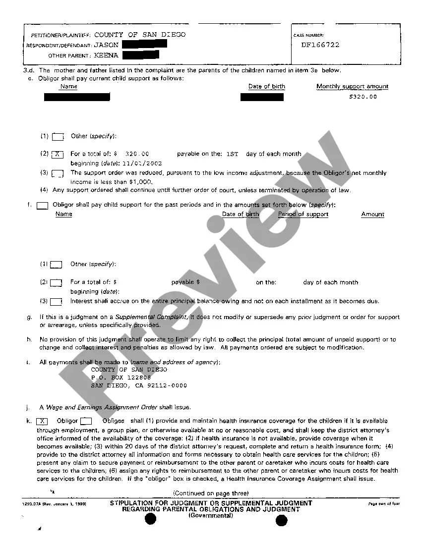Preview A02 Stipulation For Judgment Or Supplemental Judgment Regarding Parental Obligations