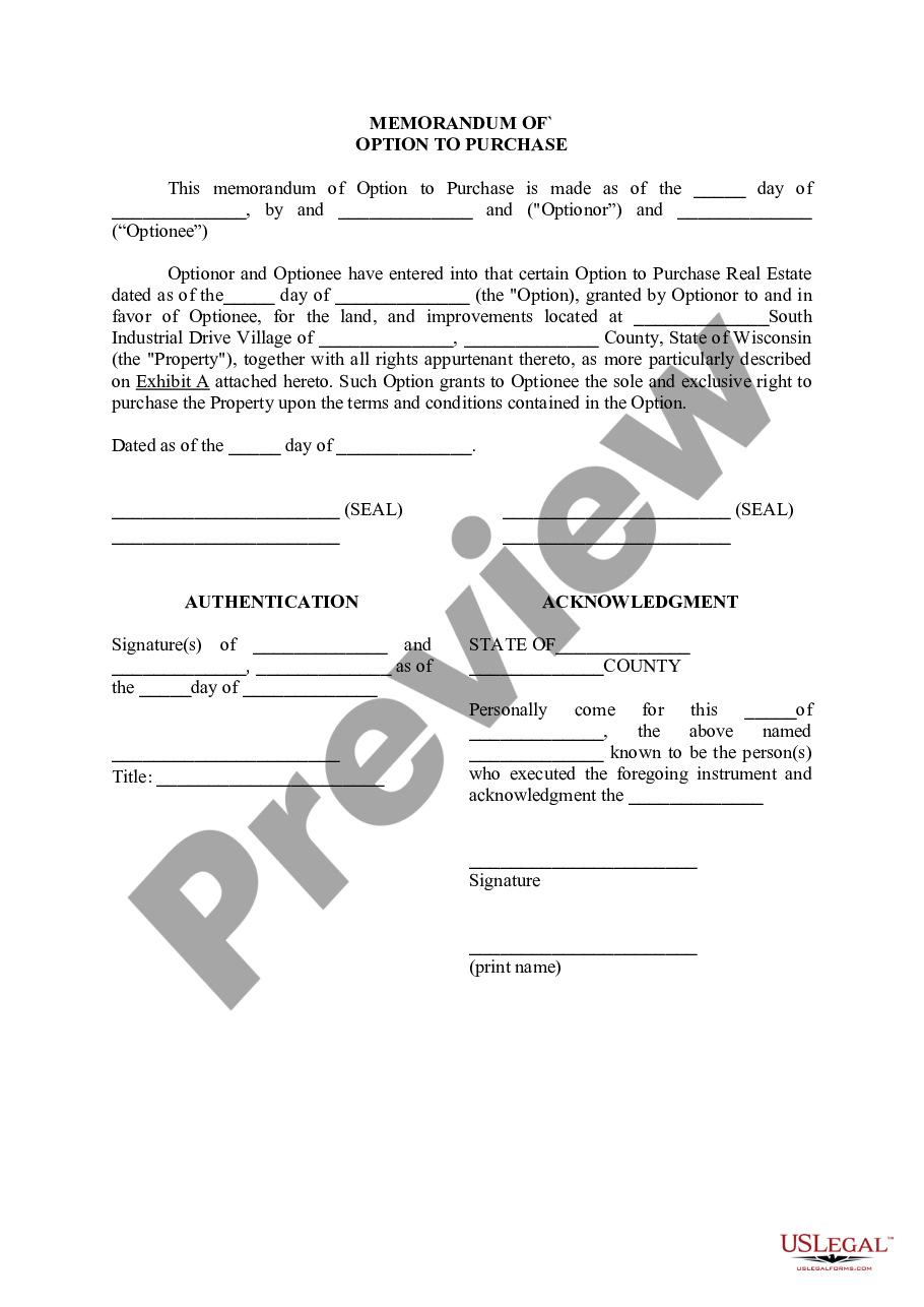Wisconsin Memorandum Of Option To Purchase Us Legal Forms 9924