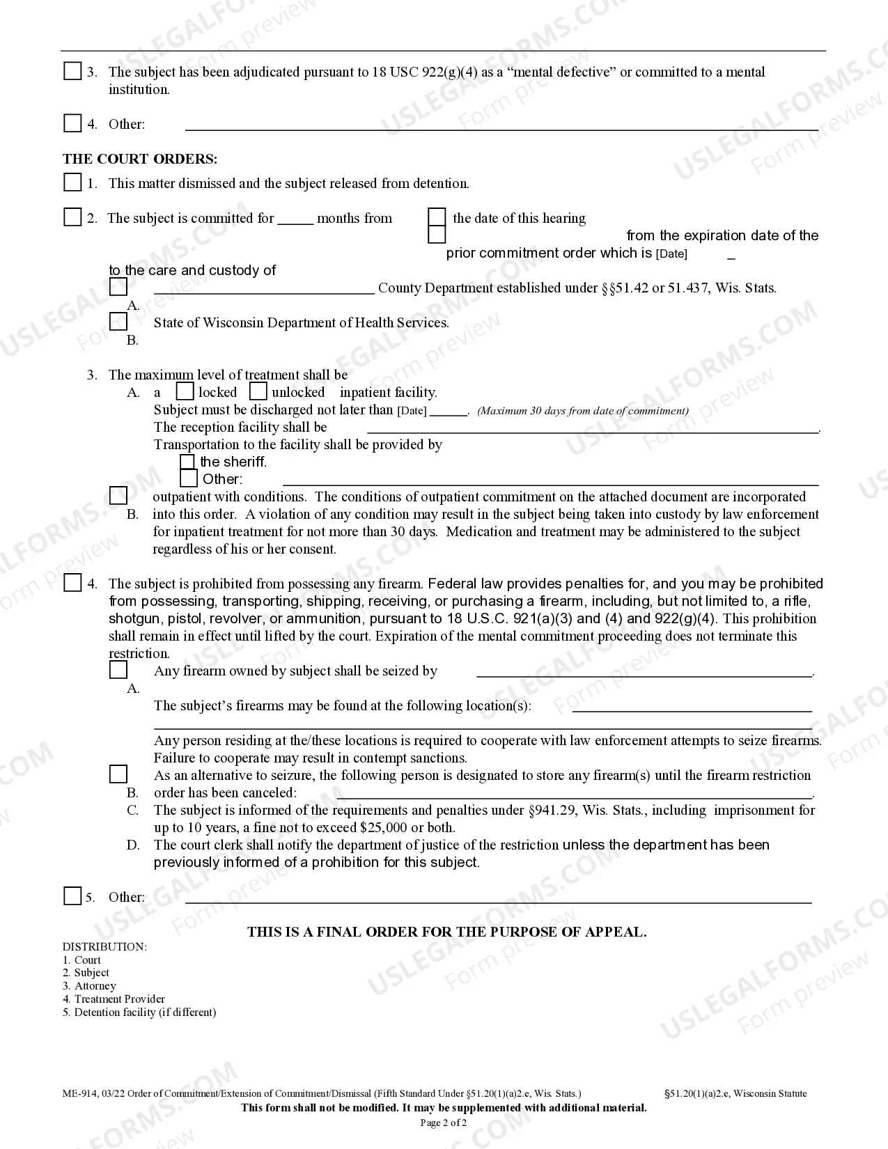Preview Order of Commitment or Dismissal - Fifth Standard under 51.20(1)(a)(2.e.)
