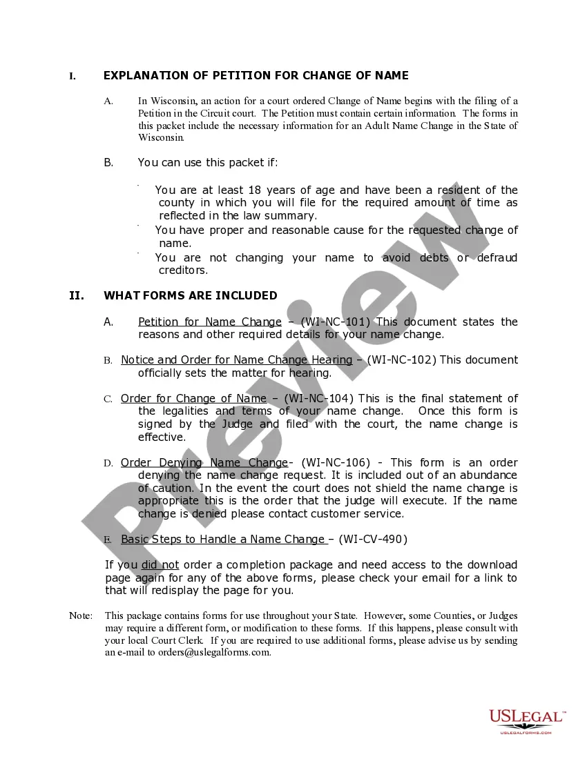 Preview Wisconsin Name Change Instructions and Forms Package for an Adult