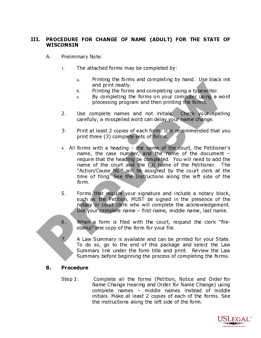 Preview Wisconsin Name Change Instructions and Forms Package for an Adult