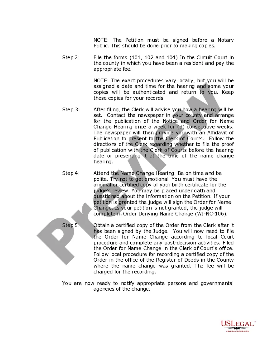 Preview Wisconsin Name Change Instructions and Forms Package for an Adult
