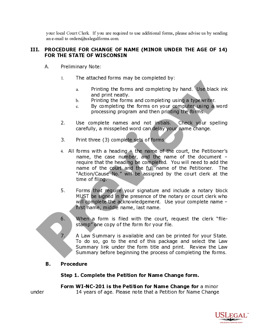 Wisconsin Name Change Instructions and Forms Package for a Minor US