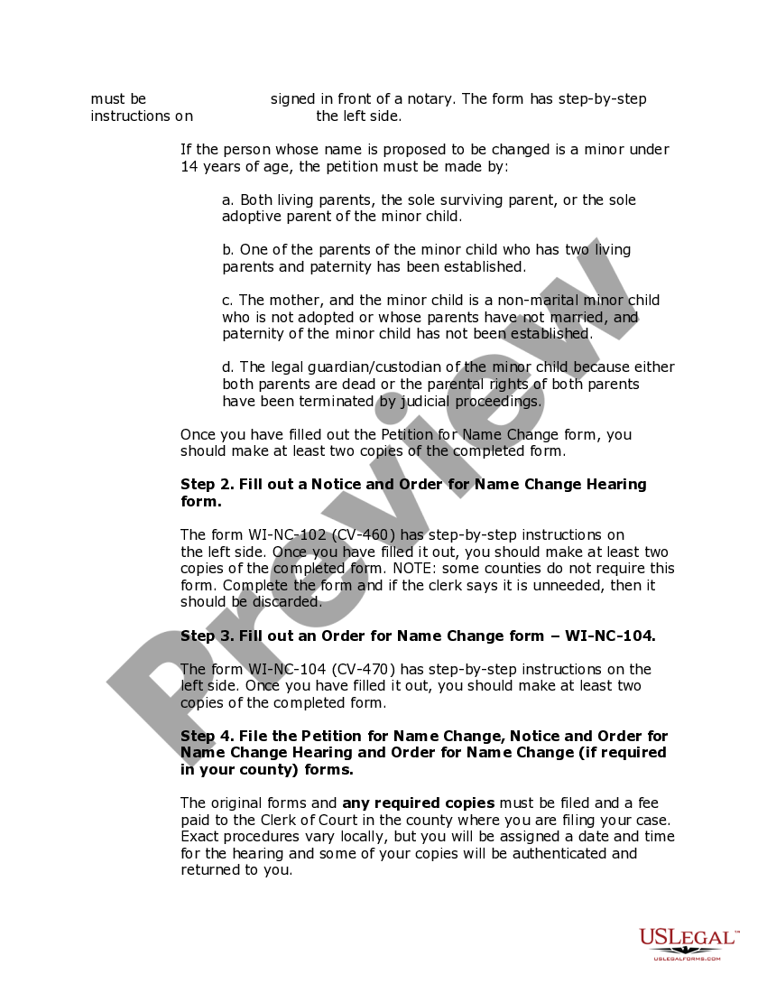 Wisconsin Name Change Instructions and Forms Package for a Minor US