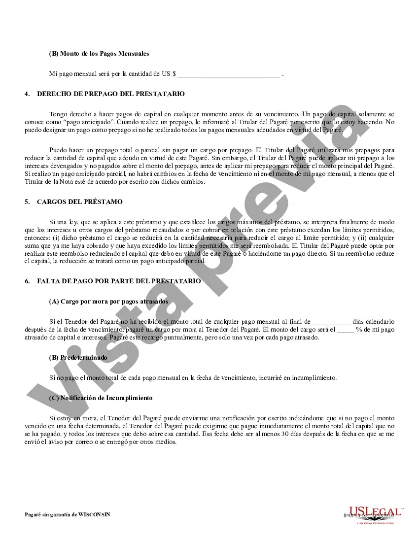Preview Pagaré de pago a plazos no garantizado de Wisconsin para tasa fija