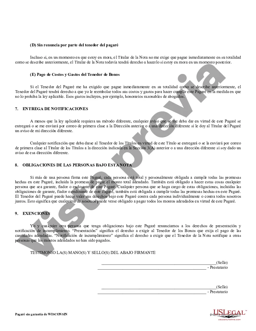 Preview Pagaré de pago a plazos no garantizado de Wisconsin para tasa fija