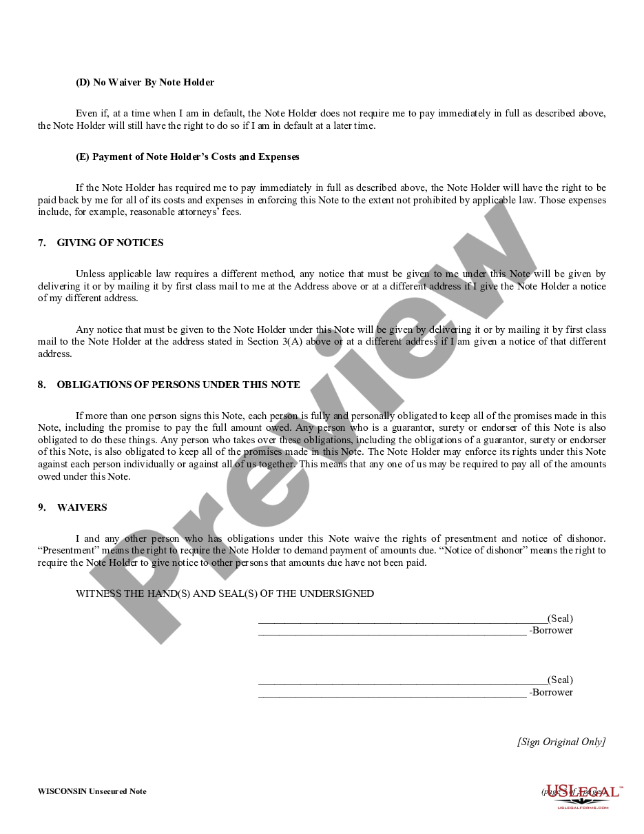 form Wisconsin Unsecured Installment Payment Promissory Note for Fixed Rate preview