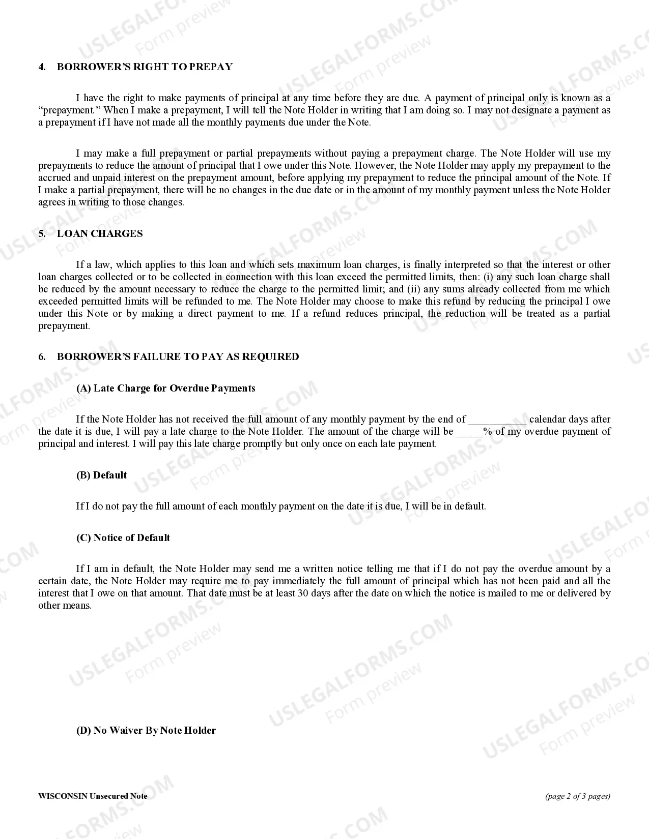 Preview Wisconsin Unsecured Installment Payment Promissory Note for Fixed Rate