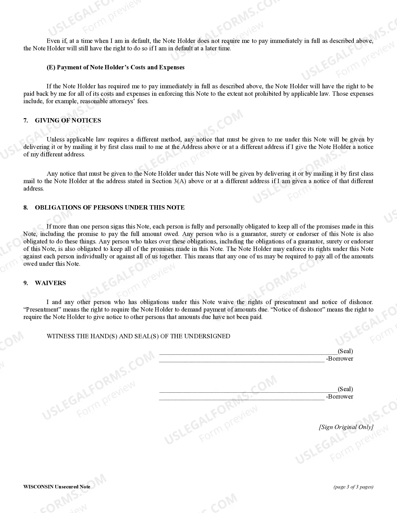 Preview Wisconsin Unsecured Installment Payment Promissory Note for Fixed Rate