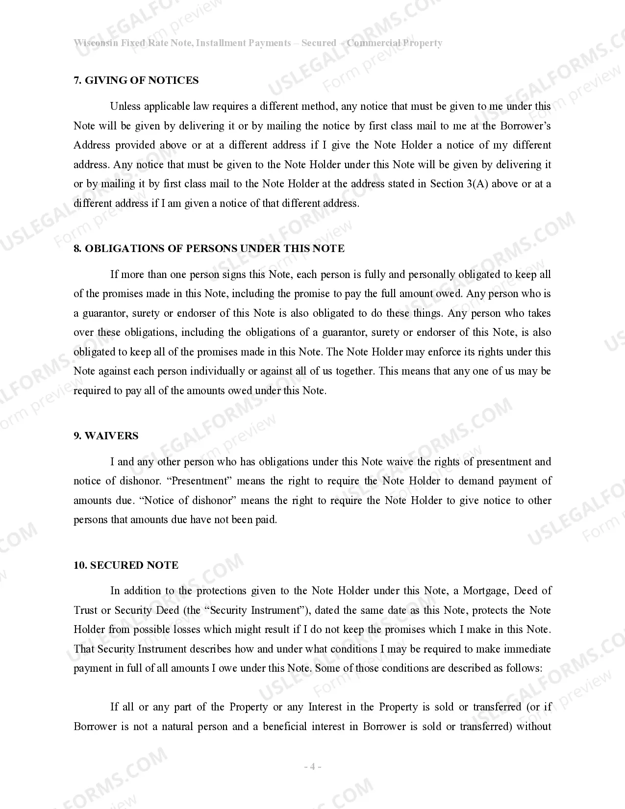 Preview Wisconsin Installments Fixed Rate Promissory Note Secured by Commercial Real Estate